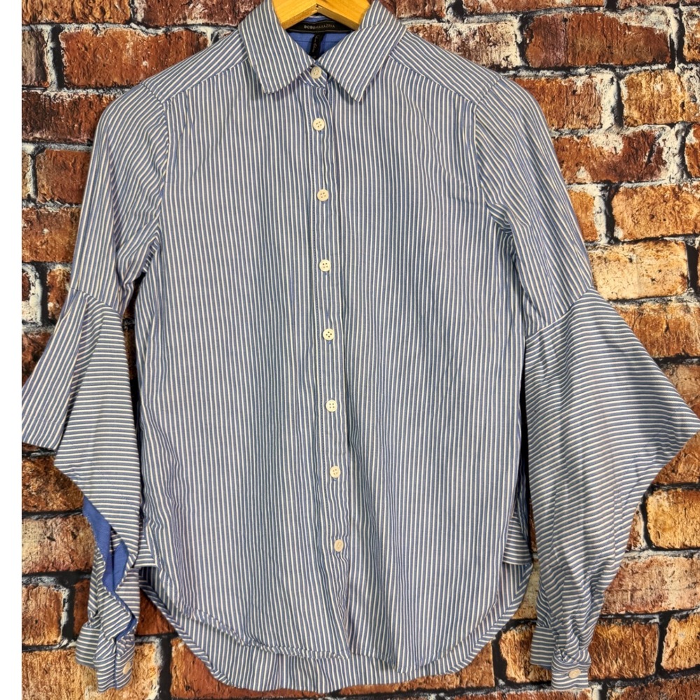 BCBGMAXAZRIA Thelma Blue White Striped Bell Sleeve Button Down Shirt XXS